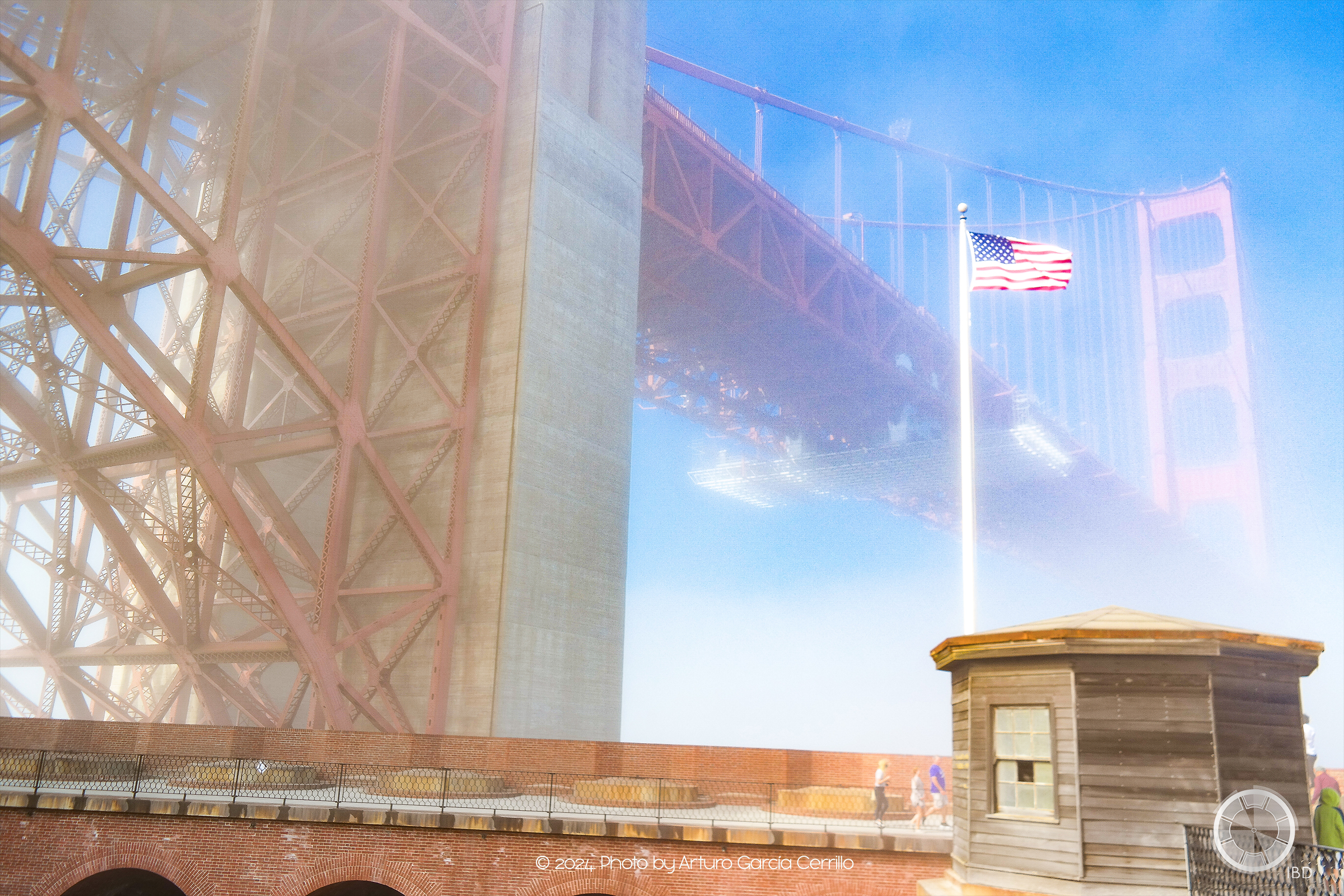 Picture at the top of Fortress. Bridge and flag shown