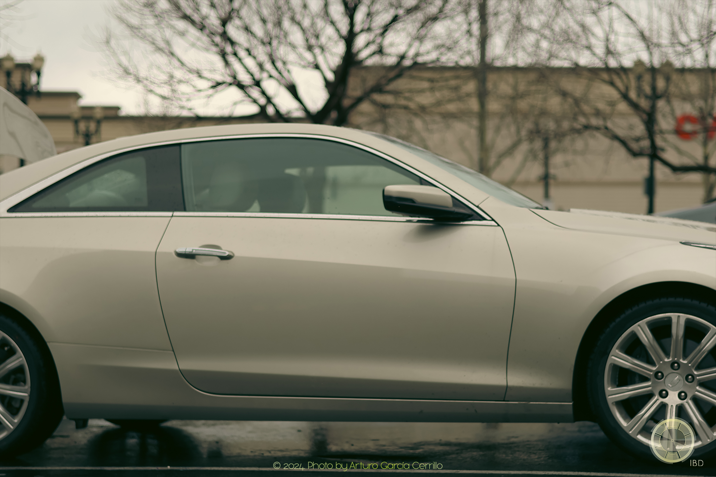 Picture of golden cadillac parked side view