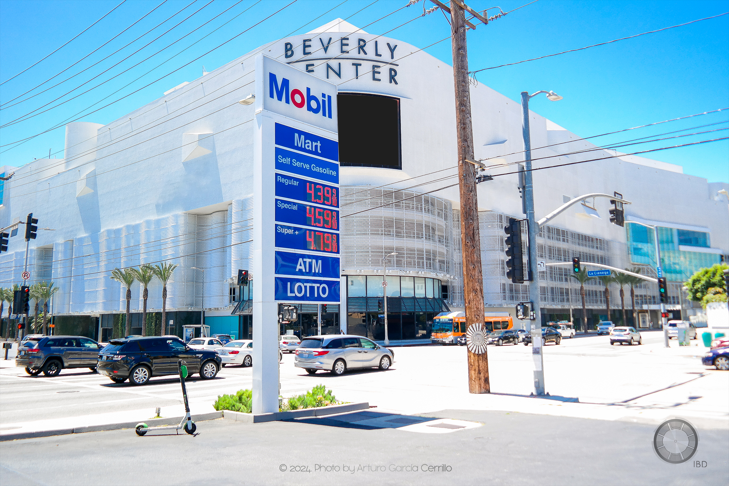 Picture of the Beverly Center at Beverly Hills, California. Vehicle traffic is present in this scene.