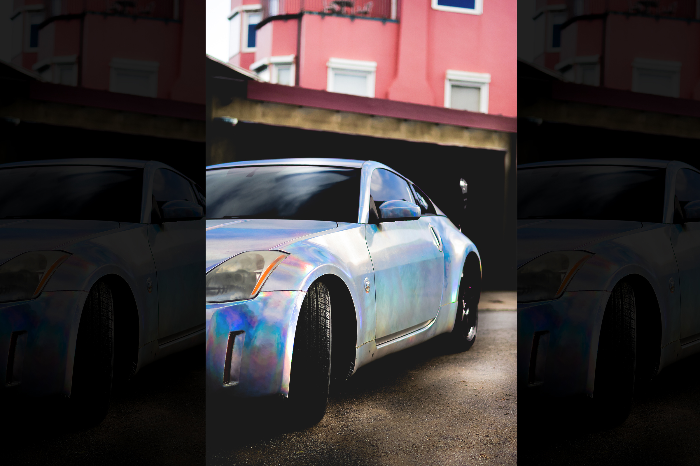 Vertical picture of Arturo's nissan 350z with holographic wrap job